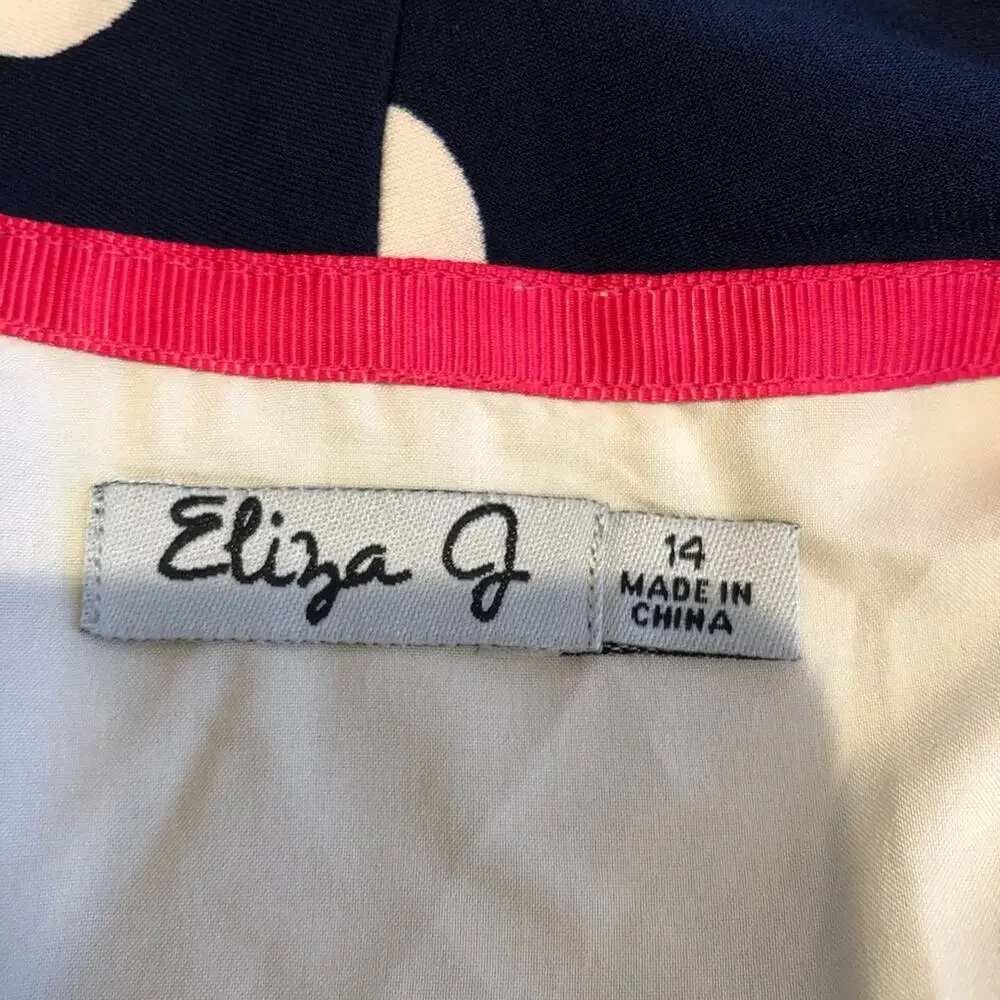 Eliza J navy blue cream tan polka dot faux wrap dress size 14